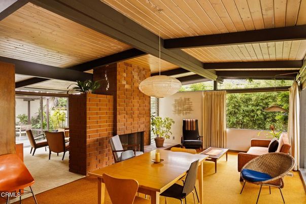 Dining room, Fireplace, Interior, Pendant Lights, Stone Walls, Wooden Beams, Wooden Ceilings