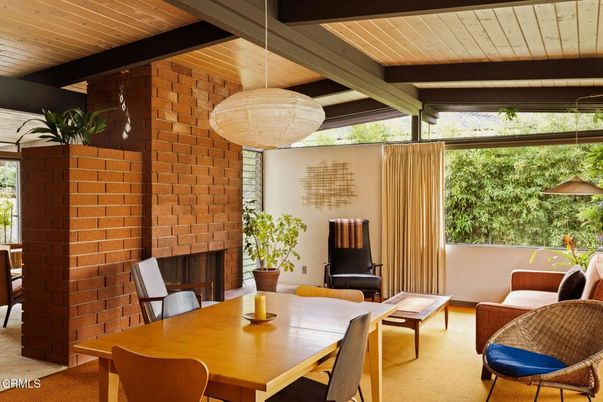 Dining room, Fireplace, Interior, Pendant Lights, Stone Walls, Wooden Beams, Wooden Ceilings