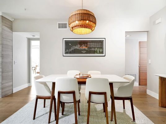 Dining room, Interior, Pendant Lights, Wood Texture Flooring
