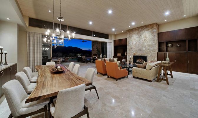 Dining room, Fireplace, Interior, Living room, Pendant Lights, Recessed Lighting