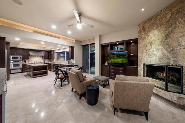 Dining room, Fireplace, Interior, Kitchen, Living room, Recessed Lighting, Stainless Steel Appliances, Stone Walls