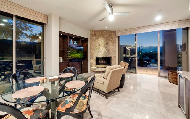 Dining room, Fireplace, Interior, Living room, Recessed Lighting