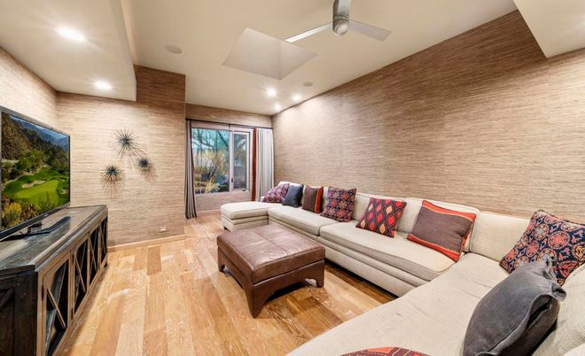 Interior, Living room, Recessed Lighting, Stone Walls, Wood Texture Flooring