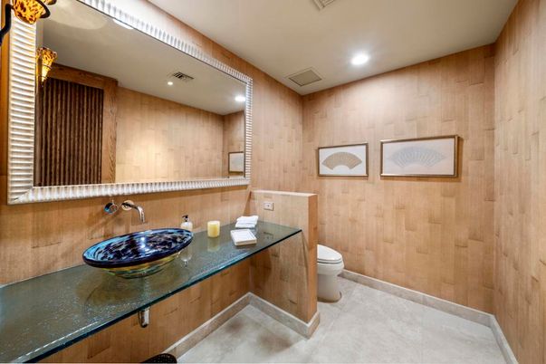 Bathroom, Dual Sink Vanities, Interior, Recessed Lighting, Wooden Walls