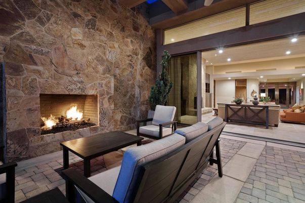Fireplace, Interior, Living room, Recessed Lighting, Stone Walls
