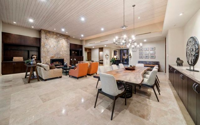 Chandelier, Dining room, Fireplace, Interior, Living room, Pendant Lights, Recessed Lighting