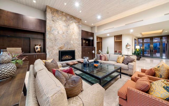 Fireplace, Interior, Living room, Recessed Lighting, Stone Walls