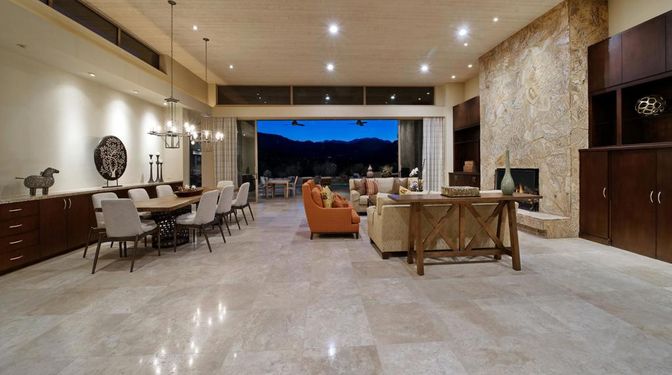 Dining room, Fireplace, Interior, Living room, Pendant Lights, Recessed Lighting, Stone Walls
