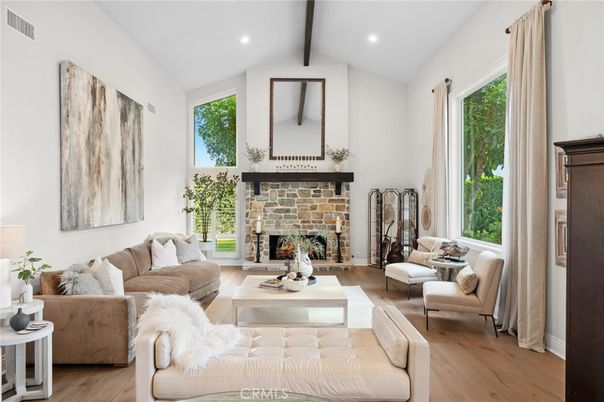 Fireplace, Interior, Living room, Recessed Lighting, Wood Texture Flooring