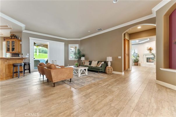 Fireplace, Interior, Living room, Recessed Lighting, Wood Texture Flooring