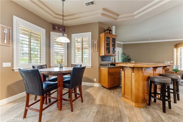 Dining room, Interior, Pendant Lights, Wood Texture Flooring