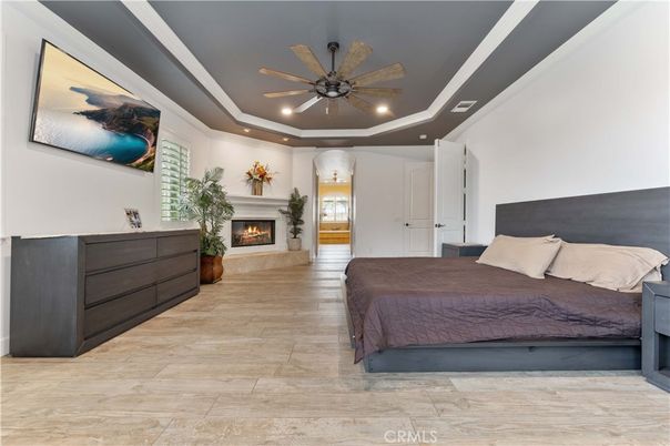 Bedroom, Fireplace, Interior, Recessed Lighting, Wood Texture Flooring