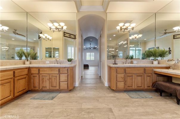 Bathroom, Dual Sink Vanities, Interior, Recessed Lighting, Tile Countertops