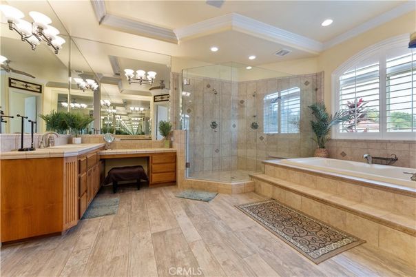 Bathroom, Dual Sink Vanities, Glass Shower, Interior, Recessed Lighting, Wood Texture Flooring