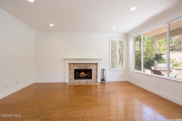 Empty room, Fireplace, Interior, Recessed Lighting, Wood Texture Flooring