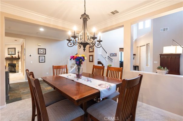 Chandelier, Dining room, Fireplace, Interior, Recessed Lighting