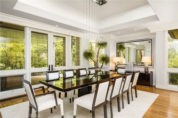 Chandelier, Dining room, Interior, Pendant Lights, Recessed Lighting, Wood Texture Flooring