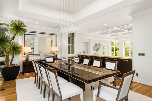 Dining room, Interior, Pendant Lights, Recessed Lighting, Wood Texture Flooring