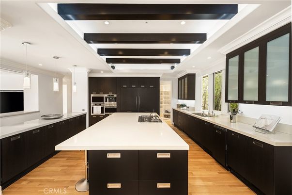 Interior, Kitchen, Pendant Lights, Recessed Lighting, Stainless Steel Appliances, Wooden Beams, Wood Texture Flooring