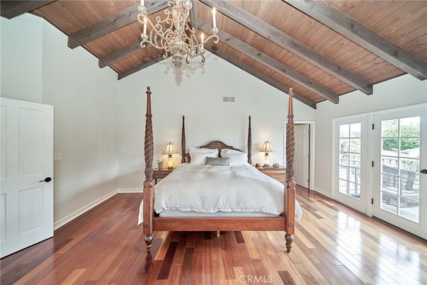 Bedroom, Chandelier, Interior, Wooden Beams, Wooden Ceilings, Wood Texture Flooring