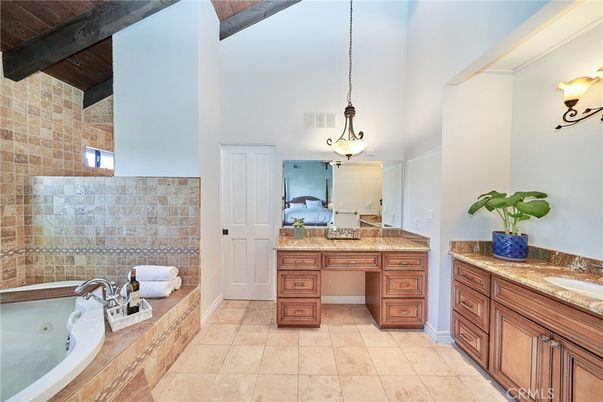 Bathroom, Dual Sink Vanities, Interior, Pendant Lights, Stone Walls