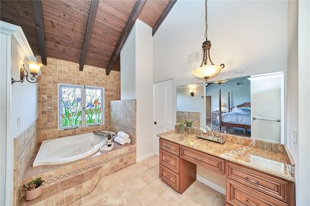 Bathroom, Bedroom, Interior, Pendant Lights, Stone Walls, Wooden Beams, Wooden Ceilings