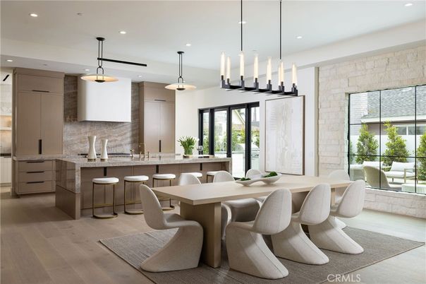Dining room, Interior, Kitchen, Pendant Lights, Recessed Lighting, Stone Walls, Wood Texture Flooring