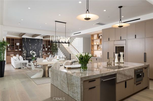 Dining room, Interior, Kitchen, Living room, Pendant Lights, Recessed Lighting, Stainless Steel Appliances, Wood Texture Flooring