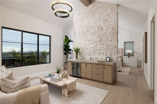 Interior, Living room, Pendant Lights, Recessed Lighting, Stone Walls, Wood Texture Flooring