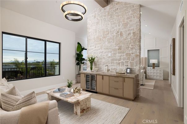 Interior, Living room, Pendant Lights, Recessed Lighting, Stone Walls, Wood Texture Flooring