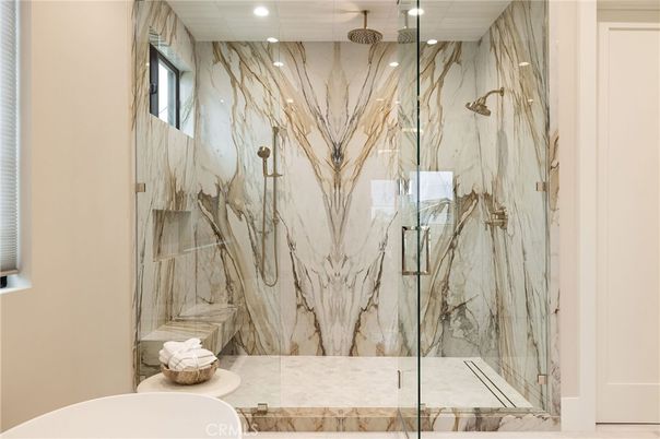Bathroom, Glass Shower, Interior, Marble Walls, Recessed Lighting