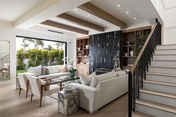 Fireplace, Interior, Living room, Marble Walls, Recessed Lighting, Wooden Beams, Wood Texture Flooring