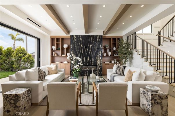 Fireplace, Interior, Living room, Recessed Lighting, Wooden Beams, Wood Texture Flooring