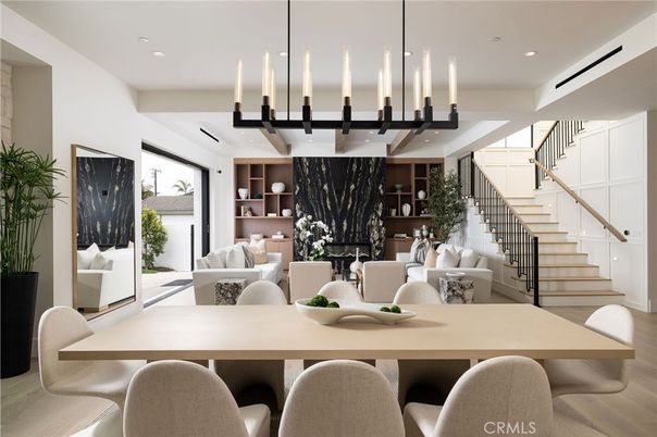 Dining room, Interior, Living room, Pendant Lights, Recessed Lighting, Wood Texture Flooring