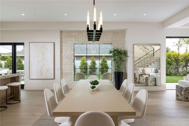 Dining room, Interior, Pendant Lights, Recessed Lighting, Stone Walls, Wood Texture Flooring