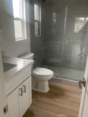 Bathroom, Glass Shower, Interior, Wood Texture Flooring