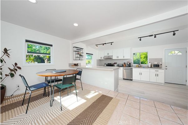 Dining room, Interior, Kitchen, Recessed Lighting, Stainless Steel Appliances, Wood Texture Flooring