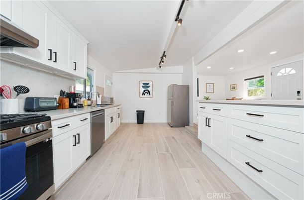 Interior, Kitchen, Recessed Lighting, Stainless Steel Appliances, Wood Texture Flooring