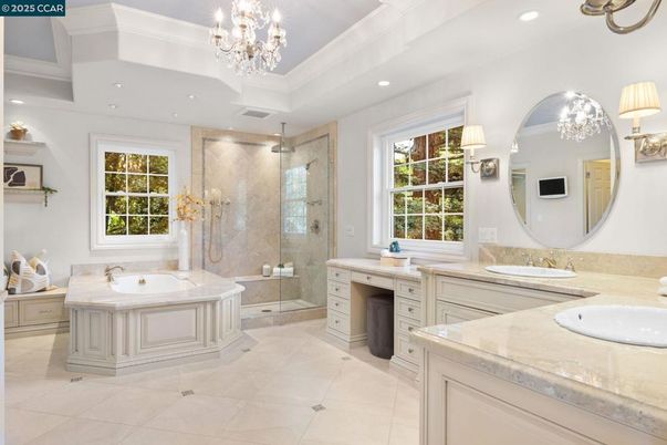 Bathroom, Chandelier, Dual Sink Vanities, Glass Shower, Interior, Recessed Lighting