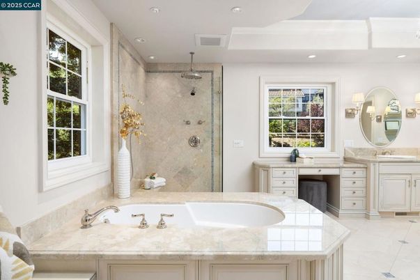 Bathroom, Dual Sink Vanities, Glass Shower, Interior, Recessed Lighting