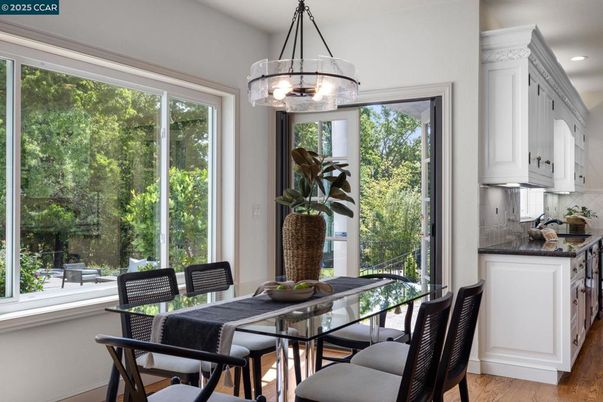 Dining room, Interior, Pendant Lights, Recessed Lighting, Wood Texture Flooring