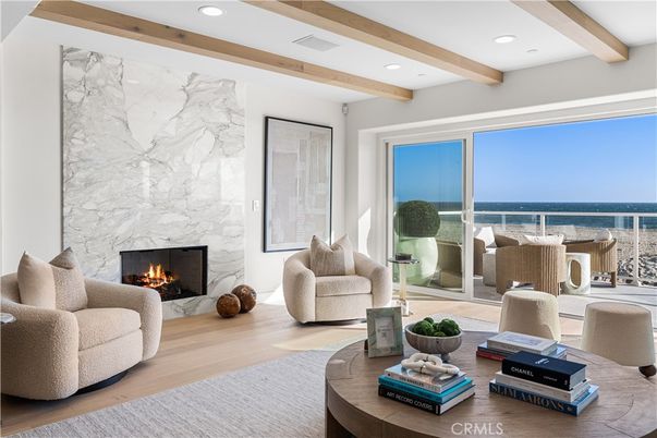 Fireplace, Interior, Living room, Marble Walls, Recessed Lighting, Water, Wooden Beams, Wood Texture Flooring