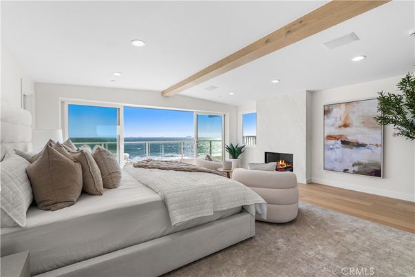 Bedroom, Fireplace, Interior, Recessed Lighting, Water, Wooden Beams, Wood Texture Flooring