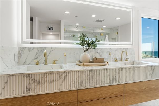 Bathroom, Interior, Marble Walls, Recessed Lighting, Water, Wood Texture Flooring