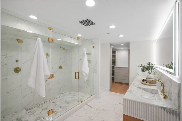 Bathroom, Glass Shower, Interior, Marble, Marble Walls, Recessed Lighting, Wood Texture Flooring