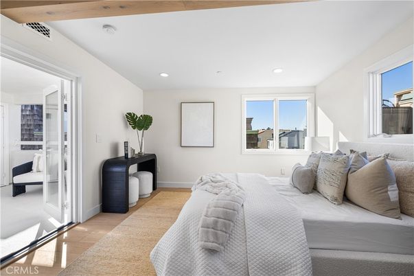 Bedroom, Interior, Recessed Lighting, Wooden Beams, Wood Texture Flooring
