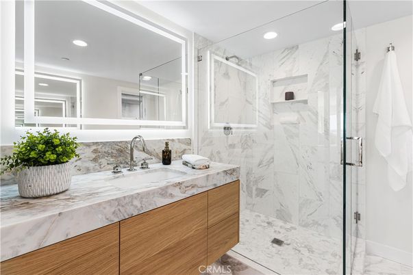 Bathroom, Glass Shower, Interior, Marble, Marble Walls, Recessed Lighting