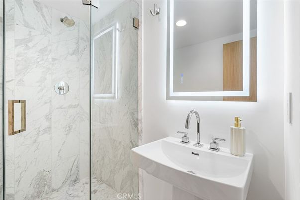 Bathroom, Glass Shower, Interior, Marble Walls, Recessed Lighting