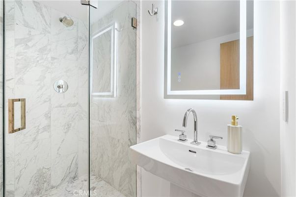 Bathroom, Glass Shower, Interior, Marble Walls, Recessed Lighting