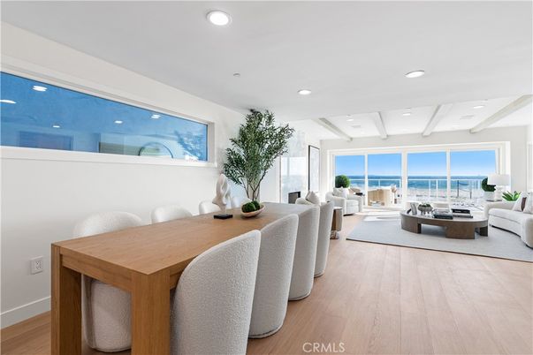 Dining room, Interior, Living room, Recessed Lighting, Water, Wood Texture Flooring